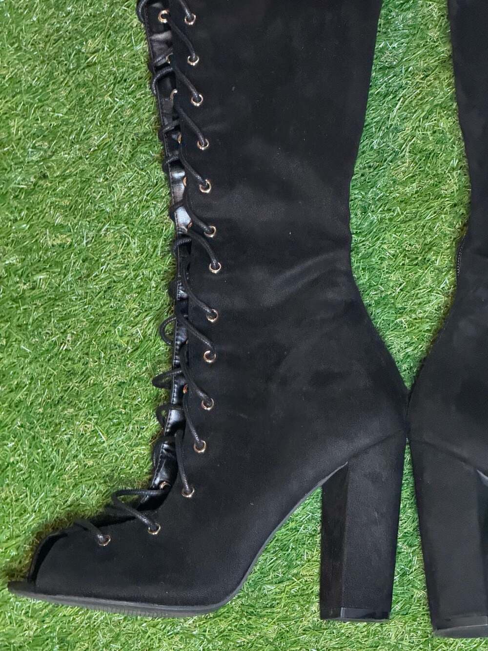 Fashion Nova Black Faux Suede Lace Up Peep Toe Over The Knee Block Heel Boots Si - Picture 2 of 6
